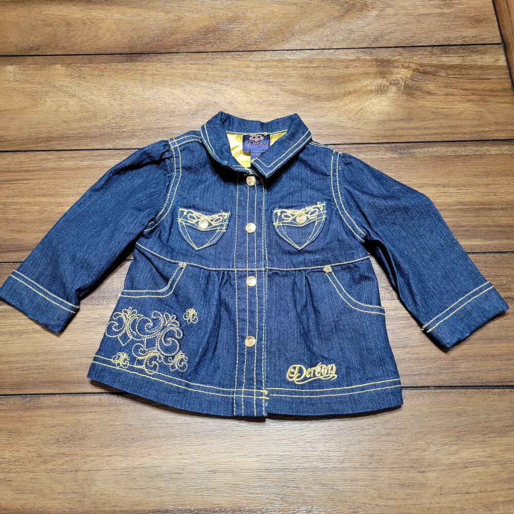 Dereon LS Dark Blue Denim Full Snap Infant Top w/ Gold Trim - Size 6-9M